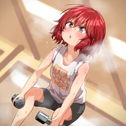 Rule 34 | 1girl, :o, black shorts, blush, breasts, collarbone, dumbbell, dutch angle, exercising, feet out of frame, gojarun, idolmaster, idolmaster cinderella girls, indoors, murakami tomoe, red hair, shirt, shorts, sleeves rolled up, small breasts, solo, steam, steaming body, sweatdrop, twitter username, v-shaped eyebrows, weightlifting, white shirt