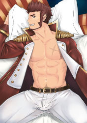 Rule 34 | 1boy, abs, absurdres, bara, beard, bed, blue eyes, brown hair, bulge, collar, epaulettes, facial hair, fate/grand order, fate (series), fringe trim, goatee, highres, jacket, large pectorals, long sideburns, long sleeves, looking at viewer, male focus, mikicat, military, military uniform, muscular, napoleon bonaparte (fate), open clothes, open jacket, open shirt, pants, pectorals, pillow, scar, sideburns, smile, solo, thick thighs, thighs, tight clothes, unbuttoned, uniform, white pants