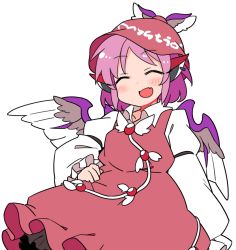 Rule 34 | 1girl, animal ears, bird ears, bird wings, blush, brown dress, brown hat, closed eyes, clothes writing, dress, earrings, fang, frilled dress, frilled sleeves, frills, hand on own hip, hat, ini (inunabe00), jewelry, long sleeves, mystia lorelei, open mouth, pink hair, short hair, simple background, single earring, skin fang, smile, solo, touhou, upper body, white background, white wings, wide sleeves, winged hat, wings
