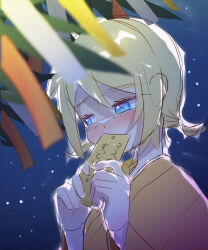 Rule 34 | 1girl, ataraii moyasi, bamboo, blonde hair, blue eyes, blurry, blurry foreground, blush, covering own mouth, depth of field, embarrassed, highres, holding tanzaku, japanese clothes, kagamine rin, kimono, night, night sky, orange kimono, short hair, short twintails, shy, sideways glance, sketch, sky, solo, star (sky), starry sky, tanabata, tanzaku, translation request, twintails, vocaloid