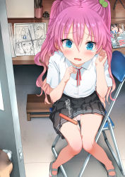 Rule 34 | 1girl, bare legs, black skirt, blue eyes, blush, bow, bowtie, cameltoe, chair, collared shirt, door, facing viewer, fingernails, folding chair, food, full body, hair between eyes, hair bobbles, hair ornament, hand to head, hands up, highres, hiragana, indoors, katakana, knees together feet apart, long hair, looking at viewer, manga (object), natsushima memo, naughty face, open mouth, oral, original, panties, pink hair, pleated skirt, sausage, school uniform, shadow, shirt, shoes, short sleeves, sitting, skirt, solo focus, sound effects, speech bubble, table, tearing up, thighhighs, two side up, underwear, uwabaki, white panties, white shirt, zettai ryouiki