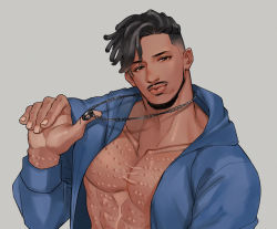 Rule 34 | 1boy, bare pectorals, beard, black eyes, black hair, black panther (film), blue jacket, dark-skinned male, dark skin, facial hair, holding, holding jewelry, holding necklace, jacket, jewelry, killmonger, male focus, marvel, marvel cinematic universe, matsu (bandan), necklace, open clothes, open jacket, pectorals, scar, solo