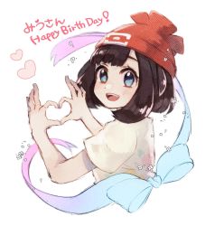 Rule 34 | 1girl, beanie, black hair, blue eyes, blush, commentary request, creatures (company), eyelashes, floral print, game freak, hanenbo, happy, happy birthday, hat, heart, heart hands, highres, looking back, nintendo, open mouth, own hands together, pokemon, pokemon sm, red hat, ribbon, selene (pokemon), shirt, short hair, short sleeves, solo, teeth, tongue