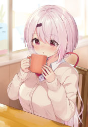 Rule 34 | 1girl, absurdres, blush, bow, breasts, brown cardigan, cardigan, chair, collared shirt, commentary request, cup, dress shirt, hair between eyes, hair ornament, hairclip, hands up, highres, holding, holding cup, long hair, long sleeves, medium breasts, mug, nijisanji, nose blush, parted lips, pink hair, racchi., red bow, red eyes, red ribbon, ribbon, shiina yuika, shiina yuika (1st costume), shirt, sitting, solo, table, upper body, very long hair, virtual youtuber, white shirt, window