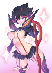 Rule 34 | 1girl, 2019, absurdres, arched back, artist name, black hair, blue eyes, breasts, closed mouth, commentary, commission, english commentary, foreshortening, garter straps, gloves, gradient background, hair between eyes, highres, holding, holding sword, holding weapon, hot vr, kill la kill, large breasts, legs apart, light smile, looking at viewer, matoi ryuuko, miniskirt, multicolored hair, navel, outstretched arm, pink background, pleated skirt, red hair, revealing clothes, senketsu, shiny skin, short hair, signature, skindentation, skirt, solo, sparkle, standing, streaked hair, suspenders, suspenders gap, sword, thighs, underboob, weapon, white background, wide hips
