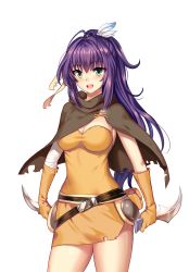 Rule 34 | 1girl, ascendant hearts, belt, blush, breasts, cape, cleavage, cowboy shot, dress, eyebrows, feathers, game cg, gloves, green eyes, happy, highres, holding, knife, large breasts, legs, long hair, looking at viewer, open mouth, original, purple hair, smile, solo, standing, thighs, transparent background, yellow dress, yellow eyes