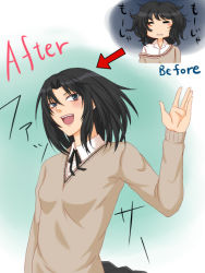 Rule 34 | 1girl, alternate hairstyle, amagami, black hair, messy hair, school uniform, sweater, tanamachi kaoru, toki (tokihakashi), tsurime