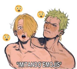 Rule 34 | 2boys, :o, blonde hair, blush, couple, emoji, facial hair, goatee stubble, green hair, highres, impact (font), looking at viewer, m0kaccinoh, male focus, multiple boys, nude, one piece, roronoa zoro, sanji (one piece), short hair, stubble, upper body, yaoi