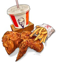 Rule 34 | absurdres, chicken (food), cup, disposable cup, drinking straw, food, food focus, french fries, fried chicken, highres, kfc, miri illust, no humans, original