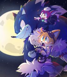 Rule 34 | 3boys, :d, animal nose, blue eyes, chip (sonic), fang, fox boy, full moon, furry, furry male, green eyes, halloween, halloween bucket, male focus, misuta710, moon, multiple boys, open mouth, pointing, smile, snout, sonic (series), sonic the hedgehog, sonic the werehog, sonic unleashed, tails (sonic), vampire costume