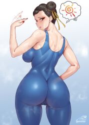 Rule 34 | 1girl, ass, ass focus, back, bare shoulders, blush, breasts, brown eyes, brown hair, cameltoe, capcom, chun-li, cleft of venus, double bun, earrings, fanning, fanning self, from behind, gonster, gradient background, hair bun, highres, hot, jewelry, large breasts, looking at viewer, looking back, short hair, solo, street fighter, street fighter 6, sweat, thick thighs, thighs