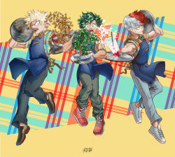 Rule 34 | 3boys, :o, absurdres, apron, bakugou katsuki, black pants, blonde hair, boku no hero academia, broccoli, brown footwear, cooking, cup, drinking straw, freckles, green hair, grey hair, grey pants, highres, holding, holding tray, male focus, messy hair, midoriya izuku, multicolored hair, multiple boys, non porn, open mouth, pants, plaid, plaid background, red footwear, red hair, red meat sauce, sanpaku, shoes, short sleeves, sneakers, spilling, todoroki shouto, tray, two-tone hair, yellow background