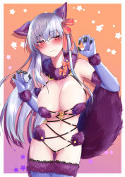Rule 34 | 1girl, animal ears, bare shoulders, blush, bow, breasts, claw pose, cleavage, closed mouth, cosplay, earrings, elbow gloves, fate/grand order, fate (series), fur-trimmed gloves, fur-trimmed legwear, fur collar, fur trim, gloves, hair ribbon, highres, jewelry, kama (fate), lace, lace-trimmed legwear, lace trim, large breasts, long hair, looking to the side, mash kyrielight, mash kyrielight (dangerous beast), mash kyrielight (dangerous beast) (cosplay), navel, o-ring, official alternate costume, purple gloves, purple legwear, red eyes, revealing clothes, ribbon, silver hair, tail, wolf ears, wolf tail, yumeneko nyaa