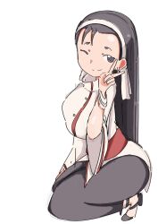 Rule 34 | 1girl, black hair, breasts, feet, forehead, grey eyes, hairband, high heels, highres, japanese clothes, kagura chizuru, large breasts, legs, long hair, looking at viewer, one eye closed, pants, smile, snk, solo, squatting, the king of fighters, thick thighs, thighs, v, vatsha, wink