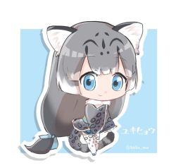 Rule 34 | 10s, 1girl, animal ears, animal print, blue background, blue eyes, blue ribbon, border, cat ears, cat tail, character name, chibi, commentary request, frilled sleeves, frills, from side, full body, grey hair, hair ornament, hair ribbon, kemono friends, leopard ears, leopard print, leopard tail, long hair, long sleeves, low-tied long hair, multicolored hair, obi, outline, outside border, ribbon, sandals, sash, shadow, sleeves past wrists, smile, snow leopard (kemono friends), solo, standing, tail, tareme, tatsuno newo, thighhighs, twitter username, white border, white hair, white outline, wide sleeves