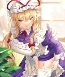 Rule 34 | 1girl, bow, breasts, commentary, curtains, dress, garter straps, hair between eyes, hair bow, hat, hat ribbon, highres, indoors, juliet sleeves, kirisita, large breasts, leaf, leaning forward, light particles, long hair, long sleeves, looking at viewer, maid, mob cap, puffy sleeves, purple dress, red bow, red ribbon, ribbon, sidelocks, smile, solo, thighhighs, touhou, white hat, white thighhighs, yakumo yukari, yellow eyes