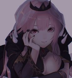 Rule 34 | 1girl, 7ppiya (napami), black cape, black nails, bracer, breasts, cape, cleavage, cleavage cutout, clothing cutout, hand on own face, highres, hololive, hololive english, large breasts, long hair, looking at viewer, lying, mori calliope, nail polish, on stomach, pink eyes, smile, solo, spikes, tiara, veil, virtual youtuber