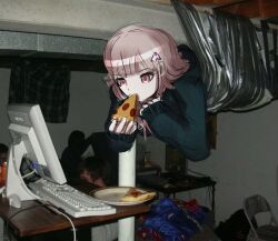 1girl 1medichan1 black_jacket brown_hair chair computer computer_keyboard danganronpa_(series) danganronpa_2:_goodbye_despair duct_taped_gamer_(meme) eating food hanging highres holding holding_food holding_pizza hood hood_down indoors jacket lan_party medium_hair meme nanami_chiaki photo_background pink_eyes pizza short_hair solo_focus spaceship_hair_ornament tape