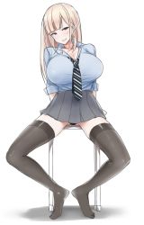 Rule 34 | 1girl, black thighhighs, blonde hair, chair, commentary request, earrings, highres, jewelry, nakamura misaki, nanae, necktie, red eyes, sitting, skirt, thighhighs