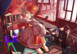 Rule 34 | 1girl, barefoot, book, branch, brown hair, brush, feet, food, fruit, green eyes, hat, long sleeves, looking at viewer, original, short hair, smile, solo, suiact, teapot, traditional clothes