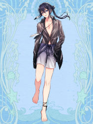 Rule 34 | 1boy, barefoot, black jacket, blue background, blue eyes, feather hair ornament, feathers, full body, hair between eyes, hair ornament, hand in pocket, jacket, jewelry, kerberos blade, long hair, looking at viewer, male focus, morino bambi, necklace, original, ponytail, see-through, shorts, simple background, sleeves past wrists, standing, trap
