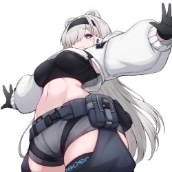 Rule 34 | 1girl, absurdres, animal ears, arknights, aurora (arknights), bear ears, bear girl, black gloves, black hairband, blue eyes, breasts, chaps, cowboy shot, cropped jacket, from below, gloves, grey hair, grey shorts, hair over one eye, hairband, highres, infection monitor (arknights), jacket, large breasts, long hair, looking at viewer, looking down, midriff, navel, outstretched arms, rikuguma, shorts, smile, solo, spread arms, white jacket