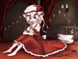 Rule 34 | 1girl, arm ribbon, ascot, bad id, bad pixiv id, barefoot, bed sheet, blonde hair, collared shirt, curtains, dress shirt, fangs, flandre scarlet, frilled skirt, frilled sleeves, frills, hair between eyes, hat, hat ribbon, highres, hugging own legs, indoors, knees up, lamp, mob cap, moose (moosu193), on bed, open mouth, pale skin, pillow, puffy short sleeves, puffy sleeves, red eyes, red ribbon, red skirt, red vest, ribbon, shirt, short sleeves, side ponytail, sitting, skirt, skirt set, slit pupils, smile, solo, spread wings, sword, touhou, vampire, vest, weapon, white shirt, wings