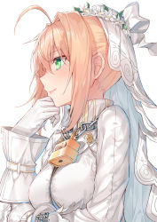 Rule 34 | 10s, 1girl, ahoge, blonde hair, blush, bodysuit, bow, breasts, bridal veil, chain, eyes visible through hair, fate/extra, fate/extra ccc, fate/grand order, fate (series), flower wreath, gloves, green eyes, hair between eyes, hair intakes, hakuishi aoi, hand on own arm, hand on own chin, head wreath, lips, lock, long sleeves, looking to the side, medium breasts, nero claudius (bride) (fate), nero claudius (fate), nero claudius (fate) (all), nero claudius (fate/extra), padlock, parted lips, pink lips, profile, saber (fate/extra), sideways mouth, simple background, smile, solo, tsurime, upper body, veil, white background, white bow, white gloves