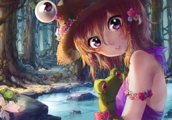 Rule 34 | 1girl, armlet, backless outfit, bare shoulders, blonde hair, flower, forest, hair flower, hair ornament, hair ribbon, hat, hat flower, head tilt, highres, lips, looking at viewer, moriya suwako, nature, outdoors, parted lips, path, purple eyes, ribbon, road, rock, rojiko, scan, short hair, sidelocks, solo, stuffed animal, stuffed frog, stuffed toy, touhou, water, wide-eyed