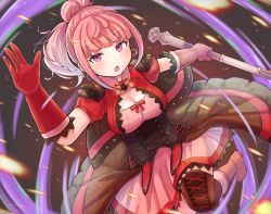Rule 34 | 1girl, axe, blurry, boots, breasts, cleavage, depth of field, dress, earrings, fire emblem, fire emblem: three houses, fire emblem warriors, fire emblem warriors: three hopes, gloves, highres, hilda valentine goneril, holding, holding axe, holding weapon, jewelry, kutabireta neko, large breasts, looking up, medium hair, nintendo, official alternate costume, pink dress, pink eyes, pink hair, ponytail, red gloves, ribbon, short dress, short sleeves, simple background, solo, thighhighs, weapon