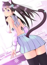 Rule 34 | 1girl, absurdres, animal ears, ass, back, bare back, bell, black thighhighs, breasts, brown eyes, brown hair, cat ears, cat tail, classroom, detached sleeves, highres, jingle bell, long hair, looking back, nanahime, original, pink theme, pleated skirt, purple eyes, school, sideboob, skirt, solo, tail, thighhighs, zettai ryouiki