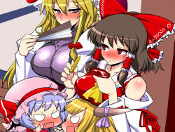 Rule 34 | 4girls, alcohol, arguing, bare shoulders, blonde hair, blush, bow, breast rest, breasts, breasts on head, brown eyes, brown hair, chibi, covering face, covering own mouth, covering privates, detached sleeves, drinking, drunk, fang, female focus, folding fan, hair bow, hair tubes, hakurei reimu, hand fan, hat, horns, huge breasts, ibuki suika, japanese clothes, large breasts, long hair, miko, multiple girls, one eye closed, red eyes, remilia scarlet, sake, sako (bosscoffee), short hair, touhou, wink, yakumo yukari