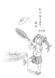 Rule 34 | 1girl, blush stickers, comic, commentary request, egg (food), flipping food, food, foot up, fried egg, frying pan, greyscale, hair ribbon, holding, japanese clothes, kantai collection, long hair, long sleeves, monochrome, open mouth, ribbon, sakimiya (inschool), sandals, smile, socks, solo, stove, translation request, twintails, wide sleeves, aged down, zuikaku (kancolle)