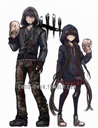 Rule 34 | 1boy, 1girl, black choker, black footwear, black hoodie, black jacket, black pantyhose, blood, brown hair, brown pants, choker, closed mouth, collarbone, commentary, cosplay, criis-chan, danganronpa (series), danganronpa v3: killing harmony, dead by daylight, duplicate, english commentary, facial hair, goatee, hair over shoulder, harukawa maki, holding, holding knife, holding mask, hood, hood up, hoodie, jacket, knife, legs apart, long hair, long sleeves, looking at viewer, low twintails, mask, momota kaito, pants, pantyhose, plaid, plaid skirt, purple hair, red eyes, red skirt, shoes, short hair, sketch, skirt, sleeves past wrists, sneakers, standing, the legion (dead by daylight), the legion (dead by daylight) (cosplay), torn clothes, torn legwear, twintails, twitter username, very long hair