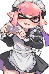 Rule 34 | 1girl, apron, artist name, blush, colored inner hair, cowboy shot, dot nose, heart, heart hands, inkling, inkling girl, inkling player character, long hair, maid, maid apron, maid headdress, multicolored hair, nintendo, one eye closed, open mouth, pink hair, pointy ears, purple hair, red eyes, shina shina, simple background, solo, splatoon (series), star (symbol), star in eye, sweat, symbol in eye, tentacle hair, translation request, twitter username, two-tone hair, white background