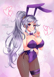 Rule 34 | 1girl, absurdres, alternate costume, animal ears, bare shoulders, bow, bowtie, breasts, cleavage, collar, commission, fire emblem, fire emblem: genealogy of the holy war, fishnets, highres, ishtar (fire emblem), large breasts, leotard, nintendo, playboy bunny, ponytail, purple bow, purple bowtie, purple eyes, purple hair, rabbit ears, rabbit tail, solo, sugarbell, tail, v, wrist cuffs
