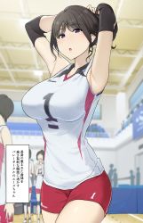 Rule 34 | 6+girls, :o, armpits, arms behind head, black hair, blouse, breasts, commentary request, highres, large breasts, looking at viewer, multiple girls, original, purple eyes, red shorts, shirt, short hair, shorts, solo focus, sweat, thighs, translation request, wakamatsu372, white shirt