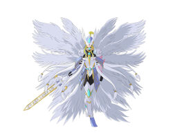 Rule 34 | angel, angel girl, belt, digimon, digimon (creature), highres, long hair, mask, mastemon, original, sword, weapon, wings