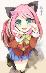Rule 34 | 10s, 1girl, :d, animal ears, bare legs, blazer, blue eyes, blush, boots, bow, bowtie, cat ears, cat tail, cowboy shot, foreshortening, from above, green hair, hashimoto nyaa, jacket, long hair, long sleeves, looking at viewer, multicolored hair, nyan, open mouth, osomatsu-san, paw pose, pink hair, pleated skirt, rakkogawa rinro, school uniform, shadow, skirt, smile, solo, standing, standing on one leg, streaked hair, sweatdrop, swept bangs, tail, tareme, two-tone hair, v