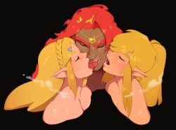 Rule 34 | 1girl, 2boys, absurdres, bisexual male, blonde hair, braid, breasts, cleavage, closed eyes, combos &amp; doodles, commentary, dark-skinned male, dark skin, ganondorf, group sex, hair ornament, hairclip, highres, link, long hair, mmf threesome, multiple boys, nintendo, nude, open mouth, pointy ears, princess zelda, sidelocks, teeth, the legend of zelda, threesome, tongue, tongue out
