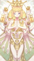 Rule 34 | 1girl, absurdres, aki rosenthal, alcohol, apple, beer, beer mug, blonde hair, blue eyes, bob cut, breasts, cleavage, crown, cup, detached hair, dice, dress, extra arms, flower, food, fruit, golden apple, golden rose, heart, heart hands, highres, hololive, looking at viewer, low twintails, medium breasts, mug, mukirose, navel, null suke, one eye closed, praying, qianshou guanyin, revealing clothes, rose, rosen-tai, short hair, solo, twintails, twitter username, virtual youtuber, yellow dress
