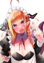Rule 34 | 1girl, ahoge, alternate costume, apron, blonde hair, blunt bangs, blush, bow, braid, breasts, censored, censored gesture, cleavage, commentary request, diagonal-striped bow, dragon girl, dragon horns, dragon tail, enmaided, fangs, frilled apron, frilled hairband, frills, frown, hairband, hand on own hip, highres, hololive, horn bow, horn ornament, horns, isuka, kiryu coco, large breasts, looking at viewer, maid, maid apron, maid headdress, middle finger, mosaic censoring, multicolored eyes, multicolored hair, neck ribbon, open mouth, orange hair, pointy ears, puffy sleeves, purple eyes, red eyes, red ribbon, ribbon, scales, side braid, sidelocks, signature, simple background, single braid, solo, streaked hair, striped, striped bow, tail, tongue, tongue out, virtual youtuber, white apron, white background, wing collar