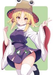 Rule 34 | 1girl, absurdres, animal print, black footwear, blonde hair, blush, breasts, brown headwear, closed mouth, commentary request, darumoon, frog print, green background, high-waist skirt, highres, large breasts, leg up, long sleeves, looking at viewer, medium hair, miniskirt, moriya suwako, parted lips, purple skirt, ribbon-trimmed sleeves, ribbon trim, sidelocks, skindentation, skirt, smile, solo, thighhighs, thighs, touhou, turtleneck, white thighhighs, wide sleeves, yellow eyes, zettai ryouiki