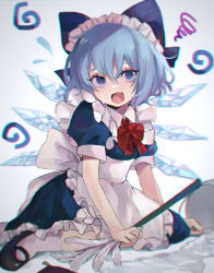 Rule 34 | 1girl, @ @, absurdres, alternate costume, apron, back bow, black footwear, blue bow, blue dress, blue eyes, blue hair, blush, bow, bowtie, breasts, broom, bucket, chromatic aberration, cirno, collared shirt, commentary request, confused, dress, enmaided, fang, fingernails, frilled apron, frills, gradient background, grey apron, grey background, grey bow, grey shirt, grey socks, hair between eyes, hair bow, highres, ice, ice wings, kani nyan, looking to the side, maid, maid apron, maid headdress, mary janes, medium breasts, open mouth, puffy short sleeves, puffy sleeves, red bow, red bowtie, seiza, shirt, shoes, short hair, short sleeves, sitting, skin fang, socks, solo, squiggle, sweat, sweatdrop, tongue, touhou, white apron, white background, white socks, wing collar, wings
