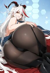 Rule 34 | 1girl, aegir (azur lane), ass, ass focus, azur lane, backless dress, backless outfit, bare shoulders, black garter straps, black nails, black thighhighs, blue background, bodystocking, breasts, cape, dress, earrings, eyelashes, fishnets, garter straps, hair on horn, hand on own hip, highres, horns, huge ass, jewelry, long hair, looking back, multicolored hair, nenelulucy, red hair, sideboob, skindentation, solo, streaked hair, thighhighs, very long hair, white hair, wide hips, yellow eyes