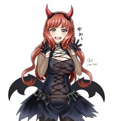 Rule 34 | 1girl, alternate costume, bat wings, black dress, black gloves, blunt bangs, braid, breasts, commentary request, cowboy shot, curly hair, de ruyter (kancolle), demon girl, demon horns, demon wings, dress, gloves, green eyes, halloween costume, horns, kantai collection, large breasts, long hair, looking at viewer, one-hour drawing challenge, red hair, side braid, simple background, solo, tk8d32, white background, wings