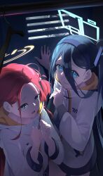 Rule 34 | 2girls, absurdres, aris (blue archive), black hair, blue archive, blue eyes, blue halo, clenched teeth, clothes hanger, commentary, finger to mouth, forehead, grey eyes, hair between eyes, halo, highres, in locker, jacket, long hair, long hair between eyes, long sleeves, multiple girls, n sol, one side up, open mouth, parted lips, red hair, shushing, teeth, very long hair, white jacket, yellow halo, yuzu (blue archive)