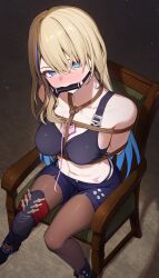 Rule 34 | 1girl, absurdres, arms behind back, asymmetrical footwear, bare shoulders, bdsm, bit gag, black footwear, black tank top, blonde hair, blue hair, blue shorts, blush, bondage, boots, bound, breasts, brown pantyhose, chair, commentary request, crop top, feet out of frame, from above, gag, gagged, head tilt, highres, honkai: star rail, honkai (series), large breasts, lightning bolt print, looking at viewer, midriff, multicolored hair, navel, nose blush, pantyhose, pantyhose under shorts, rope, serval landau, sex toy, shadow, shiratategosha, short shorts, shorts, sitting, solo, stomach, stomach tattoo, streaked hair, tank top, tattoo, thigh boots, thighs, vibrator