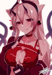 Rule 34 | 1girl, animal ears, bare shoulders, black gloves, blonde hair, blush, bra, bra pull, breasts, choker, cleavage, cleavage cutout, clothes pull, clothing cutout, commentary request, dated, earrings, fingerless gloves, gloves, hair between eyes, hand up, heart, heart-shaped pupils, horns, jewelry, konshin, large breasts, long hair, looking at viewer, original, ponytail, red bra, red choker, red eyes, signature, smile, solo, symbol-shaped pupils, tentacles, tongue, tongue out, underwear, upper body