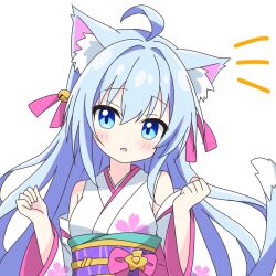 1girl :o ahoge animal_ear_fluff animal_ears bare_shoulders bell blue_eyes blue_hair blush cat_ears cat_girl cat_tail commentary_request detached_sleeves dot_nose floral_print floral_print_kimono hair_bell hair_ornament hair_ribbon hands_up highres japanese_clothes kimono kotatsu-mazoku long_hair looking_at_viewer notice_lines obi original pink_ribbon ribbon sash simple_background sleeveless sleeveless_kimono solo tail upper_body white_background white_kimono white_sleeves wide_sleeves